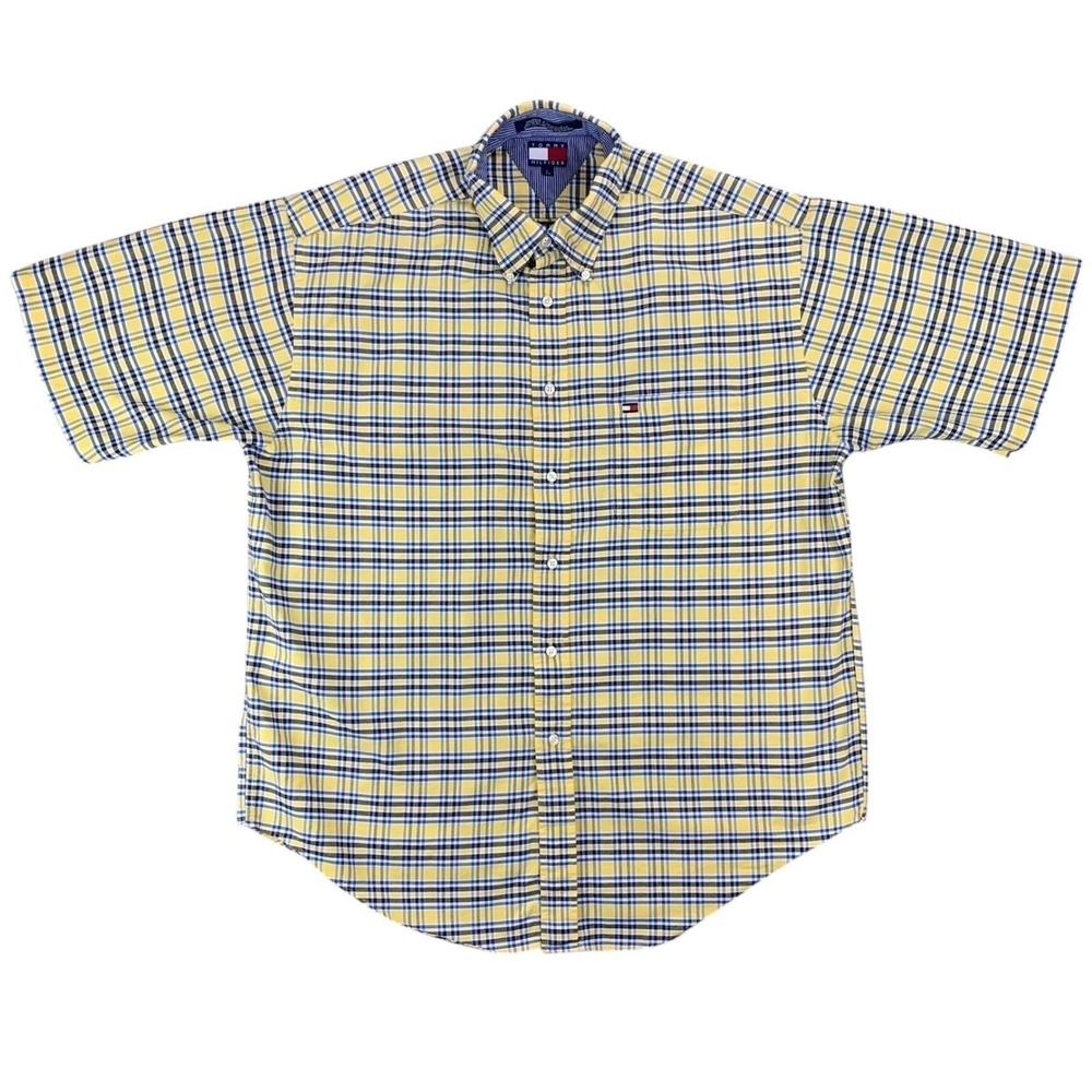 Tommy Hilfiger Men's L Yellow Blue Plaid Shirt Cotton Button Down Short Sleeve